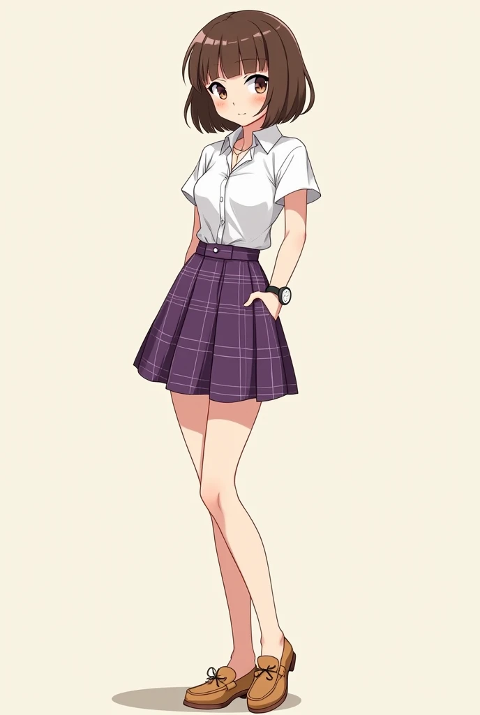 Une lycéenne d'anime aux cheveux courts, carrés et bruns, vêtue d'une chemise blanche et d'une jupe à carreaux violette. Elle est très grande, a de fortes hanches et une montre de sport à son poignet. Elle porte des mocassins marron crème. Elle se tient droite, elle est de profil. Elle porte un collier en forme de plume.