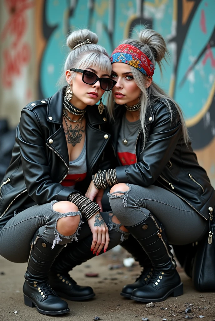 Two russian milf women, one with the arm over the shoulder of the other (who feels a bit dizzy). grey hair (one: bouffant, top bun. The other, straight and middle part}and one wearing oversized square sunglasses and wide colourful bandana as headband), with very light green eyes, extremely pale. Big lips. No tan. Wearing aged black moto jacket (zippers on the side, skull and bones pins). Both: different old worn grey t-shirt with rock band logo. Both,, dark skinny low rise grey jeans with holes on knees ( patched with colourful fabric). Both:, dark grey worn jeans {with holes on knees) tucked in black leather knee high boots. . Lots of thick wide studded bracelets, chain collars and big rings. Both, high boots. Tacky wide studded leather belt with big skull and bones oval buckle. Long earrings with chains and feathers. Squatting with hands on knees or lap, stretching her neck, craving., Neck, chest, stomach and wrists heavily tattoed. Toned abdominals, thin neck, slim legs and thin arms. Narrow hips and slim legs. Black leather studded tote bags. Graffitied wall behind, waste on the groun and piled garbage bags around.