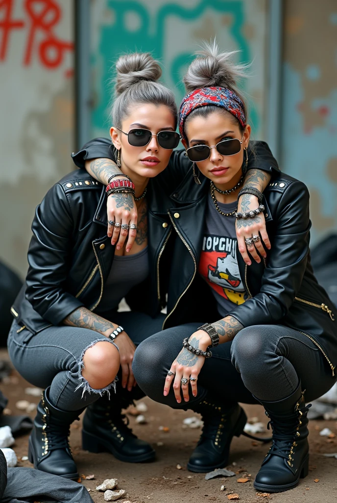 Two russian milf women, one with the arm over the shoulder of the other (who feels a bit dizzy). grey hair (one: bouffant, top bun. The other, straight and middle part}and one wearing oversized square sunglasses and wide colourful bandana as headband), with very light green eyes, extremely pale. Big lips. No tan. Wearing aged black moto jacket (zippers on the side, skull and bones pins). Both: different old worn grey t-shirt with rock band logo. Both,, dark skinny low rise grey jeans with holes on knees ( patched with colourful fabric). Both:, dark grey worn jeans {with holes on knees) tucked in black leather knee high boots. . Lots of thick wide studded bracelets, chain collars and big rings. Both, high boots. Tacky wide studded leather belt with big skull and bones oval buckle. Long earrings with chains and feathers. Squatting with hands on knees or lap, stretching her neck, craving., Neck, chest, stomach and wrists heavily tattoed. Toned abdominals, thin neck, slim legs and thin arms. Narrow hips and slim legs. Black leather studded tote bags. Graffitied wall behind, waste on the groun and piled garbage bags around.
