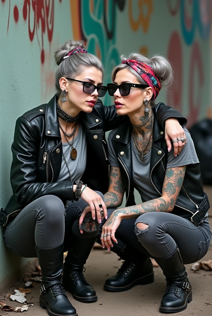 Two russian milf women, one with the arm over the shoulder of the other (who feels a bit dizzy). grey hair (one: bouffant, top bun. The other, straight and middle part}and one wearing oversized square sunglasses and wide colourful bandana as headband), with very light green eyes, extremely pale. Big lips. No tan. Wearing aged black moto jacket (zippers on the side, skull and bones pins). Both: different old worn grey t-shirt with rock band logo. Both,, dark skinny low rise grey jeans with holes on knees ( patched with colourful fabric). Both:, dark grey worn jeans {with holes on knees) tucked in black leather knee high boots. . Lots of thick wide studded bracelets, chain collars and big rings. Both, high boots. Tacky wide studded leather belt with big skull and bones oval buckle. Long earrings with chains and feathers. Squatting with hands on knees or lap, stretching her neck, craving., Neck, chest, stomach and wrists heavily tattoed. Toned abdominals, thin neck, slim legs and thin arms. Narrow hips and slim legs. Black leather studded tote bags. Graffitied wall behind, waste on the groun and piled garbage bags around.