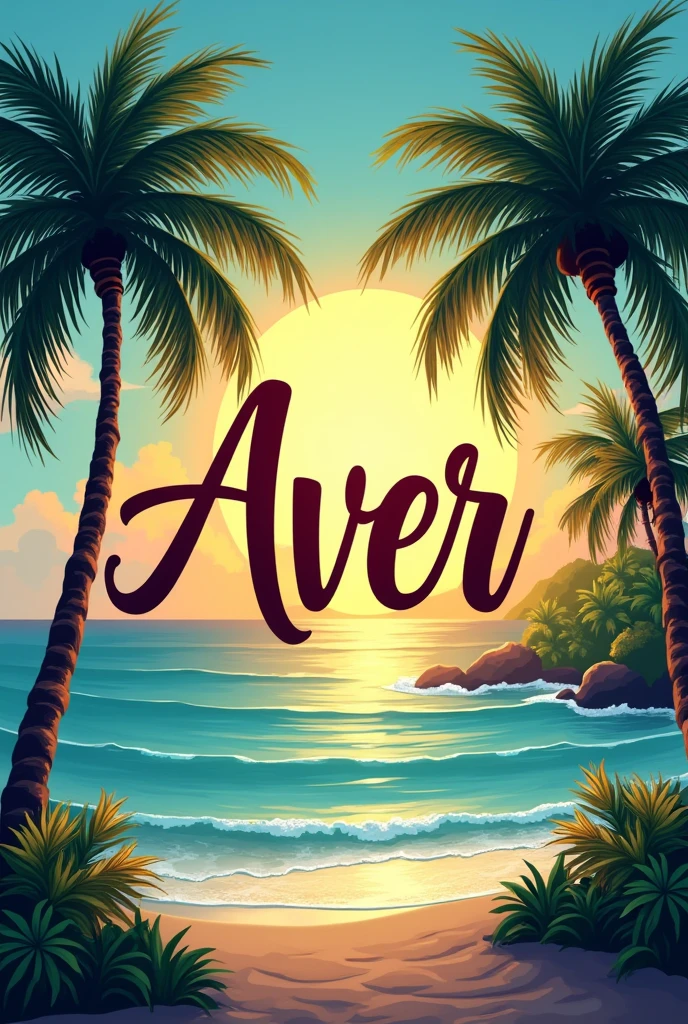 A logo with sea,coconut trees and sun behind the coconut trees, with the name Aver the Sea