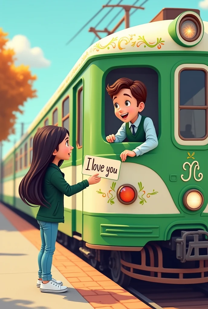 An image where a green and white train appears and inside there is a driver with a green vest and a light blue shirt. (greeting) y afuera esté una chica con cabello oscuro y largo greeting al conductor con jean celeste, White shoes, and black jacket, and the girl has a sign that says I love you showing it to the driver. like a cartoon