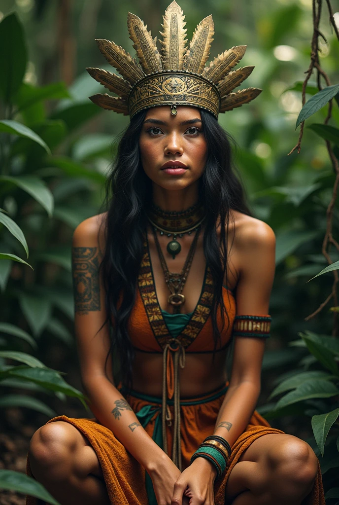 (photorealism:1.2), beautiful woman, arafed woman in a native dress sitting in the woods, amazon indian peoples in brazil, a young female shaman, in a jungle environment, ayahausca, nature goddess, amazon warrior, she is dressed in shaman clothes, tai traditional bronze headdress, tai costume, amazon queen, beautiful young female shaman, pocahontas, tribal clothing, authentic costumearafed woman in a native dress sitting in the woods, a portrait by Judith Gutierrez, instagram, sumatraism, amazon indian peoples in brazil, a young female shaman, in a jungle environment, ayahausca, nature goddess, amazon warrior, she is dressed in shaman clothes, tai traditional bronze headdress, tai costume, amazon queen, beautiful young female shaman