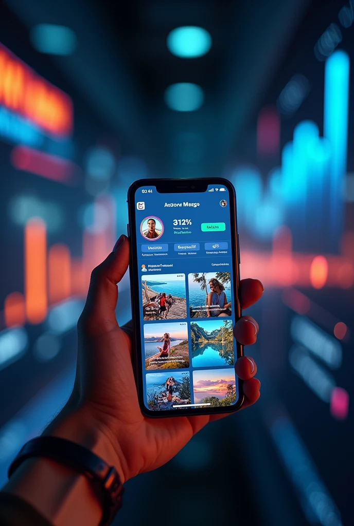 create photo of a hand holding an iPhone 11 PRO cell phone, showing an aesthetically perfect Instagram feed, with a lot of engagement and followers. This photo must be next to the cell phone, a social media profile growth chart