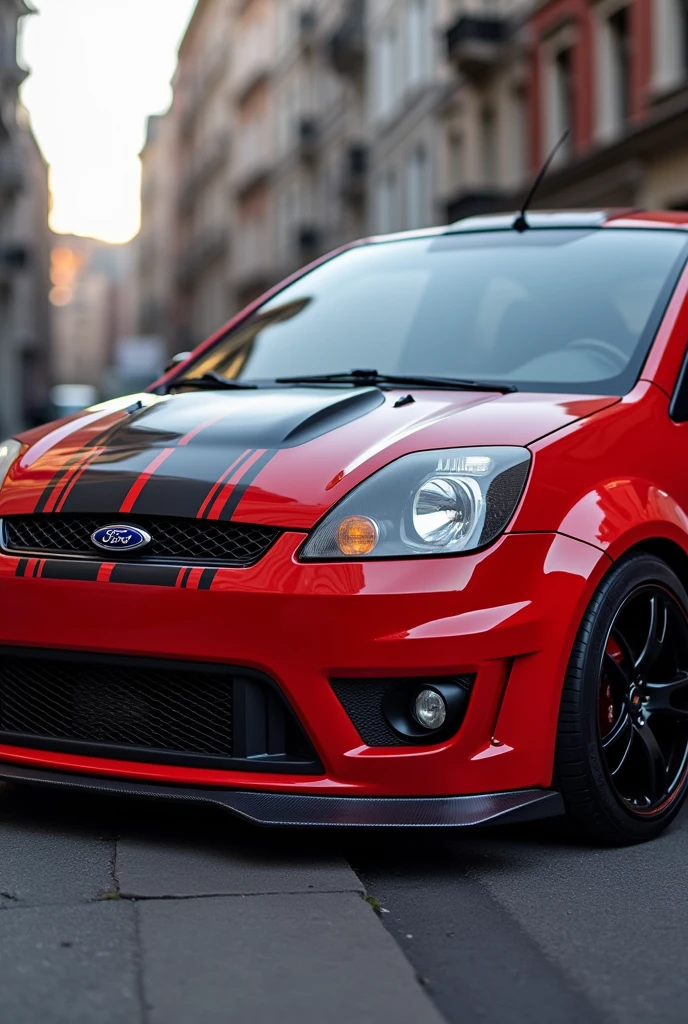 Ford fiesta power 2004 color rojo , carrocería original de fabrica, rin original de fabrica , con body kit de goma , espoiler y línea de carreras en el capot color negro