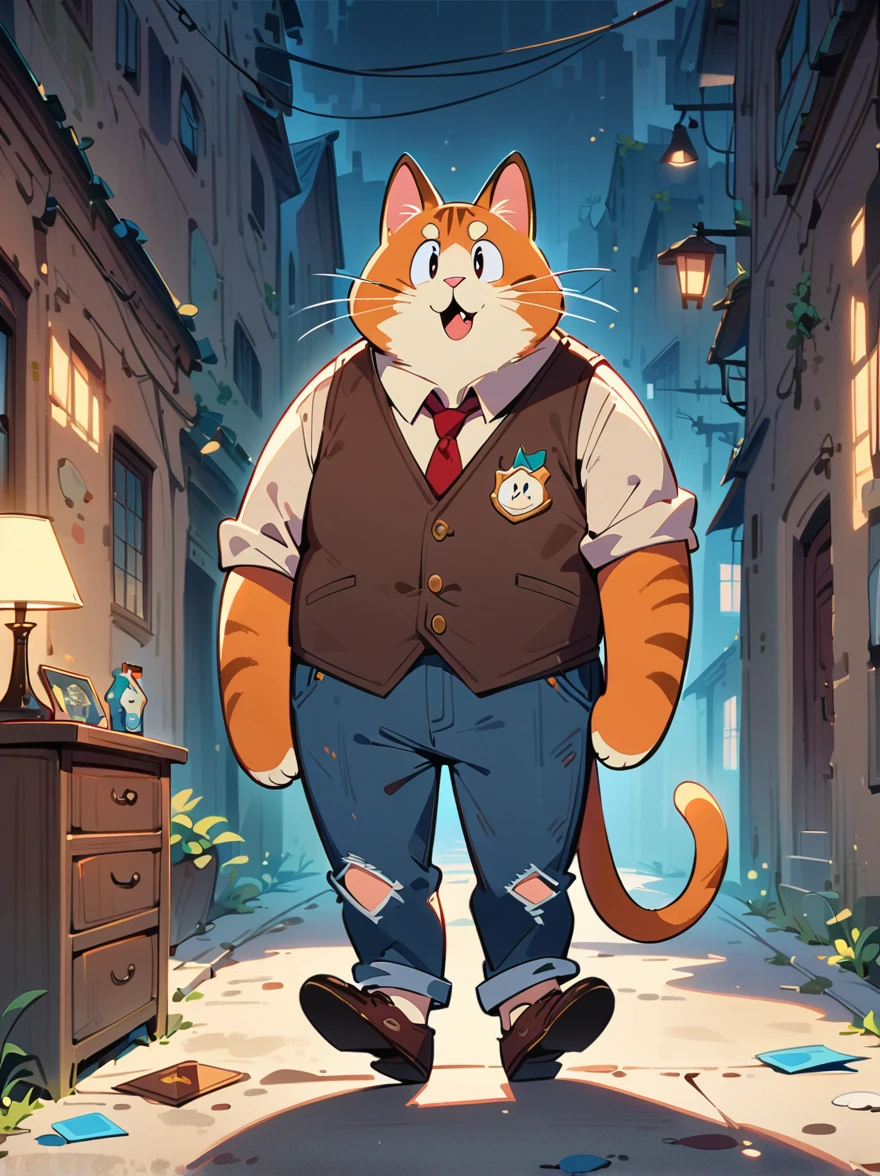 2d a tall adult male cat teacher, middle aged, 50 years old, dressed as a teacher in a vest, 2d cartoon style, full body, solo, whimsical, masterpiece, 8k, cinematic lighting, award winning digital art