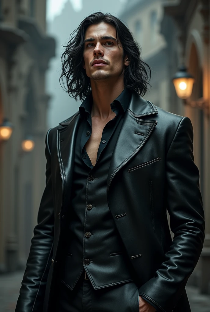 That certainly helps! So your character is a Sorcerer of dark Magic, who lives in a Victorian style world and is 20-30 years old. He's a tall, athletic person and has pale grey eyes and long black wavy hair. He also wears a leather suit of some kind. He's extremely hot and eye-catching