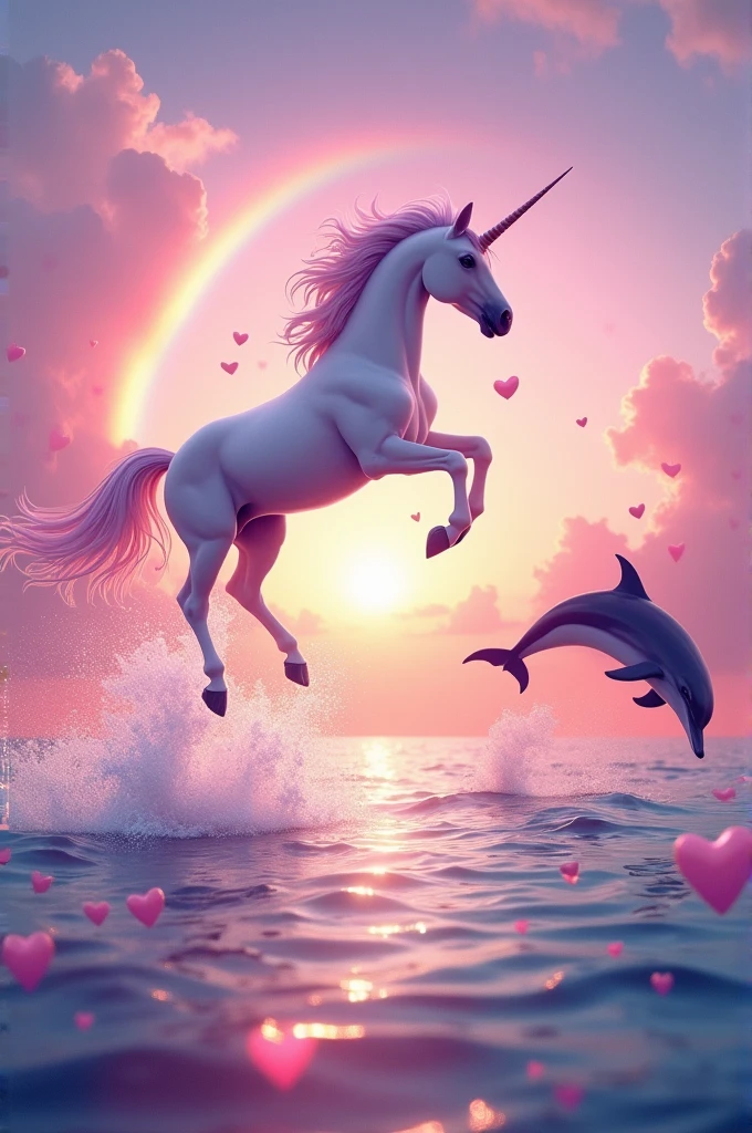 A unicorn jumping in the air but seen from the side and the dolphins are also jumping in the air with the pink sky and the sea and with a rainbow and hearts