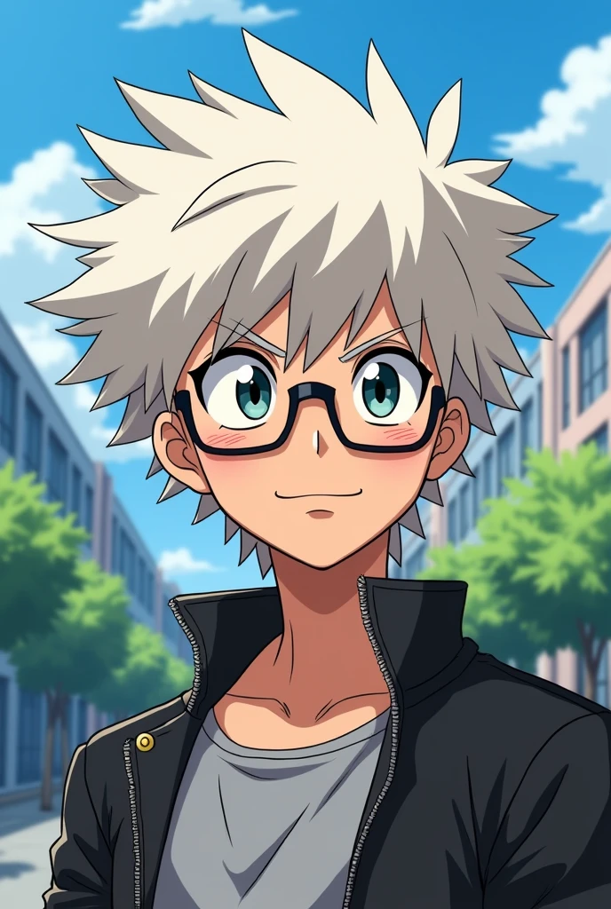 Aki is my made up original character in the world of My Hero Academia, aki has messy platinum white colored hair like a mullet wolfcut, eyes similar to bakugos but more happy and not sinister looking, wears glasses, has brows like bakugo too when bakugo isn’t made, is a twink, dark brown colored eyes, really light brown skin since he is from the philippines, and wears stylish clothes. Aki has a little smirk on his face and is blushing a bit too. His background is the U.A campus,  Do this in MHA art style