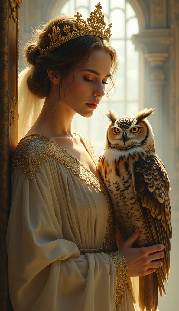 The image portrays a regal woman with a serene expression, wearing an intricately designed golden crown and an elegant gown adorned with gold accents. She holds a large owl with detailed feathers, symbolizing wisdom. The setting appears to be a luminous and ethereal environment, with soft light filtering through what looks like an ornate background, giving the scene a mystical and otherworldly quality. The overall composition emphasizes grace, wisdom, and a sense of calm authority.