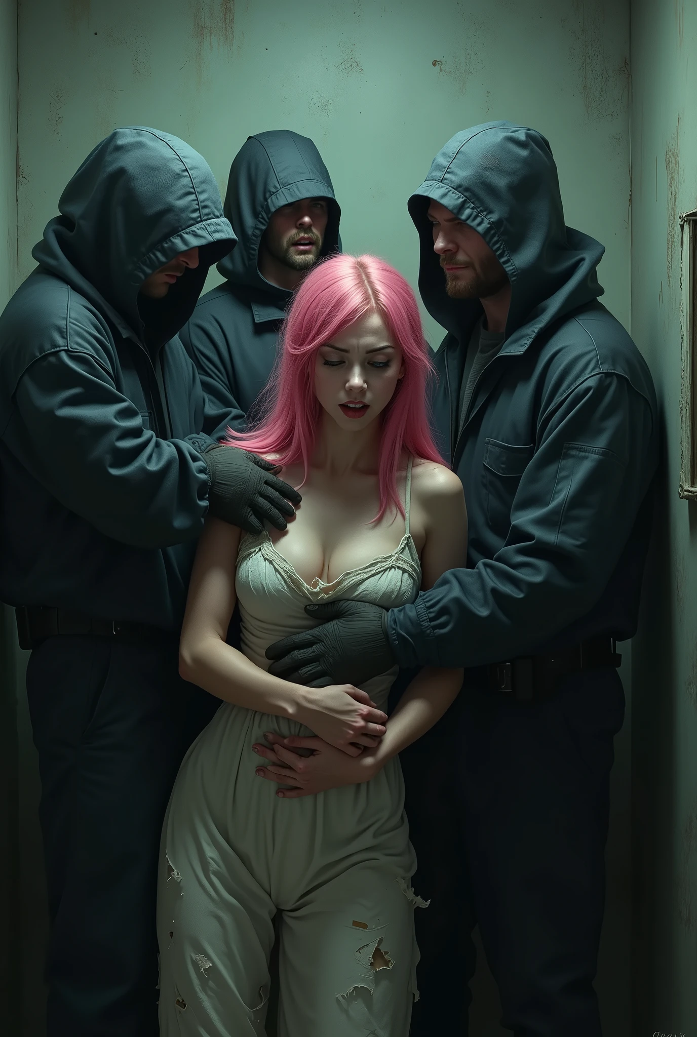 In a police station, in a cell where a girl with pink hair is being raped, a crowd of men
