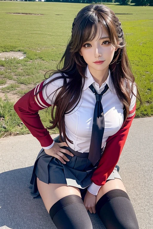 Realistic, High resolution, 1 Female, Mature Woman, alone, Hip Up, View the viewer, (Detailed face), Wavy Hair, Long Hair, school uniform, mini skirt、Ample breasts、(Over the knee socks)