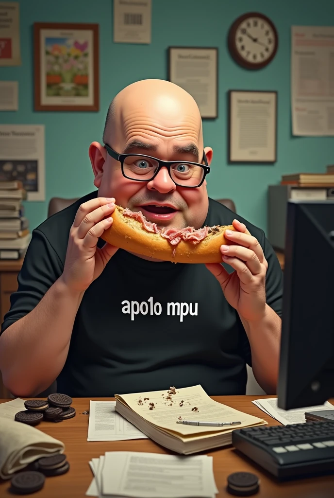 white male, 40 year old, baldie, completely smooth face, no fur, cheeky, Scrawny, but very pot-bellied, wearing glasses and eating baguette with lots of ham. Sitting behind a rather messy desk with a computer, stacks of papers, Oreo crumbs and cookies. Wearing a black shirt with the following phrase: APO1O MPU.