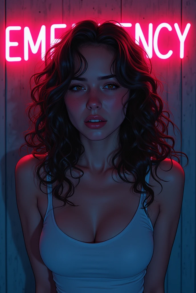 (have to pee, desperate, full bladder, stressed, blush, brow sweat), Brown hair . beautiful woman with curly hair, worried face, in pain, begging, dark room neon cyberpunk at night coordinator neon glow, around the woman neon energy and a floating warning "EMERGENCY" manga style,Beautiful colors,Living picture,masterpiece,detailing