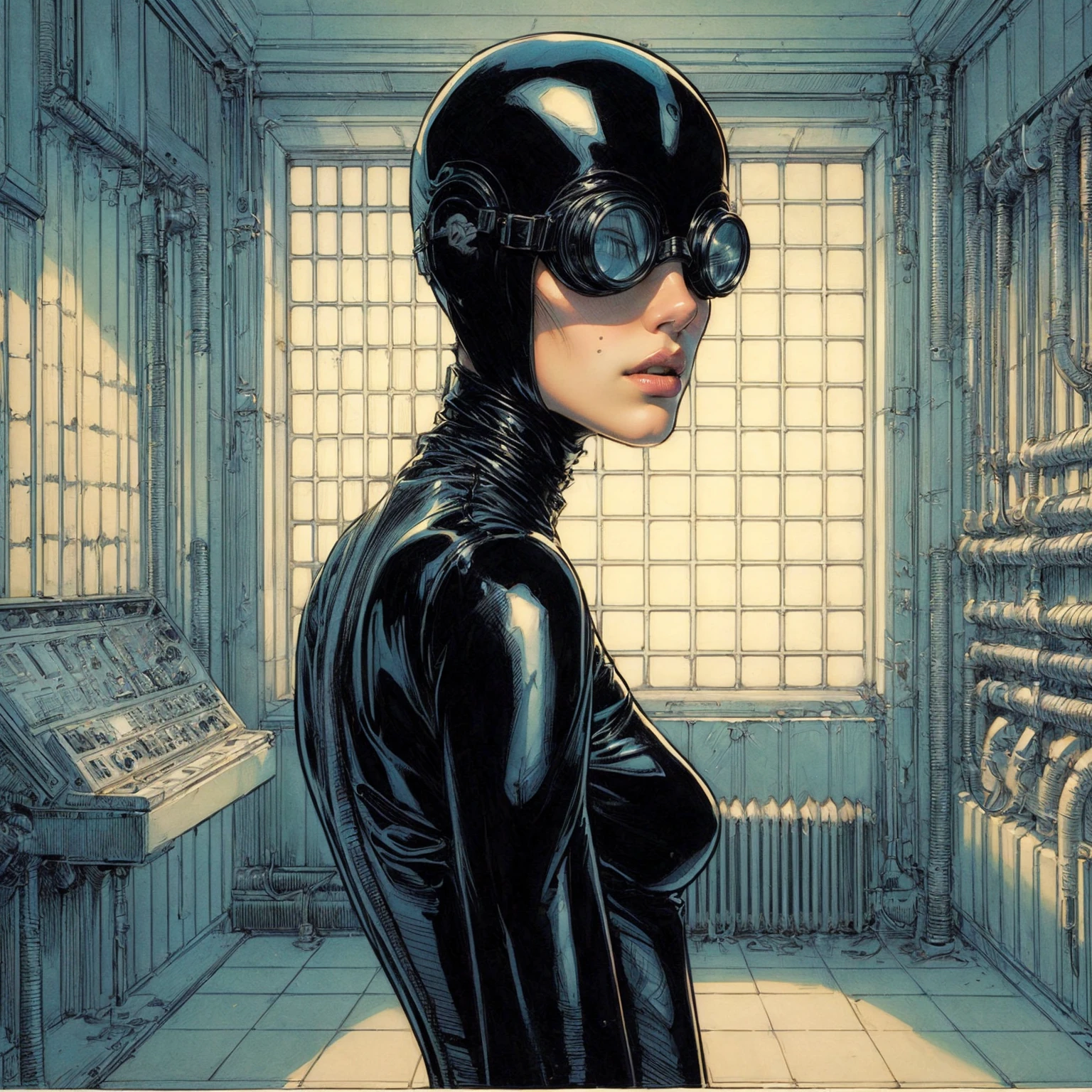 a close up of a woman in a black cat suit and goggles, catwoman, adam hughes, chris moore. artgerm, inspired by Tim Doyle, natalie portman as catwoman, by Tim Doyle, moebius + loish + wlop, hajime sorayama designed girl, by Otomo Katsuhiro, inspired by Jim Steranko, inspired by Howard Chaykin