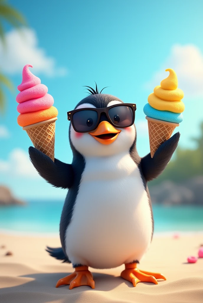 Penguin with sno cones wearing sunglasses
