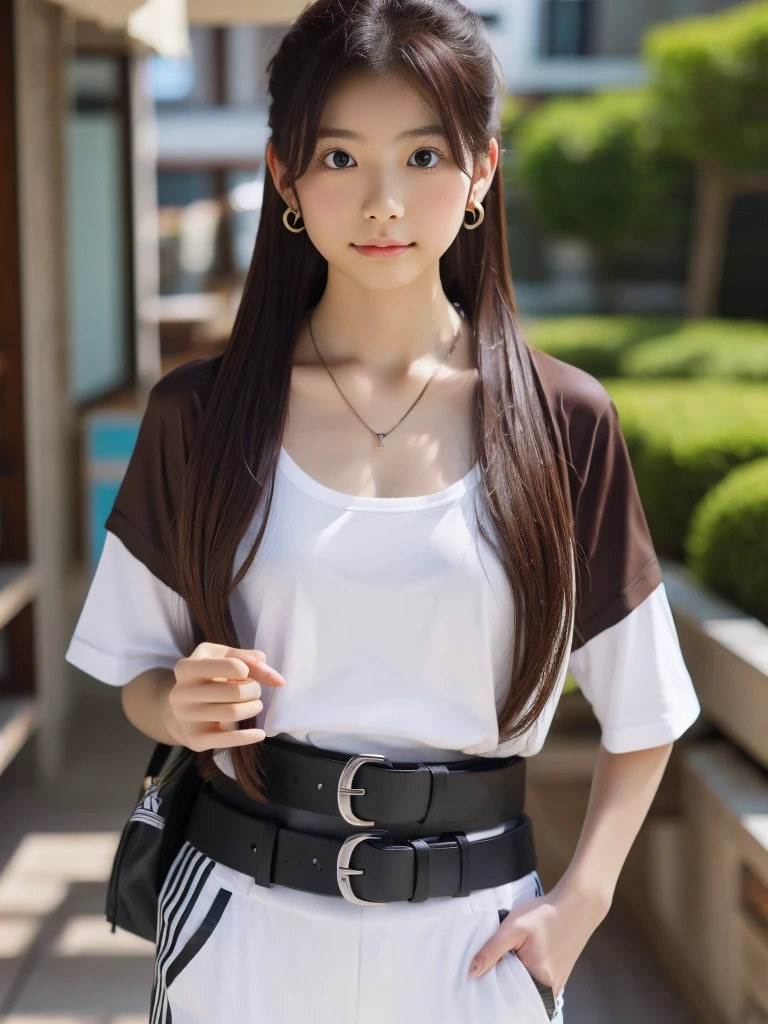 One person, chest, 大きなchest, , T-shirts Adidas Long Hair, Brown Hair, belt、Earrings, necklace