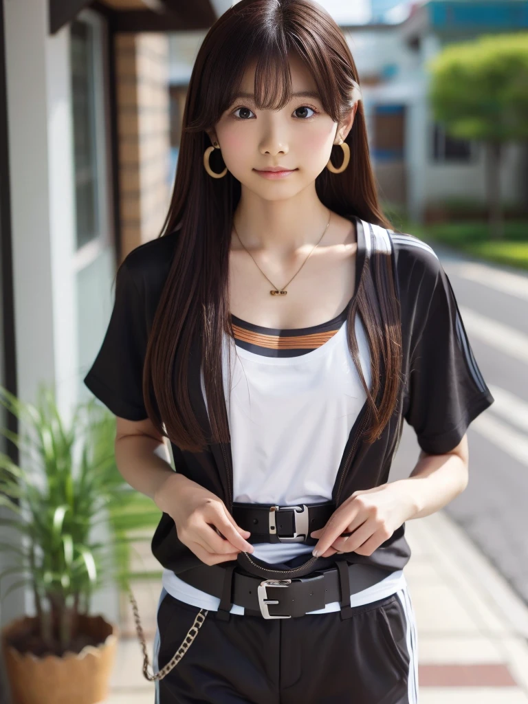 One person, chest, 大きなchest, , T-shirts Adidas Long Hair, Brown Hair, belt、Earrings, necklace