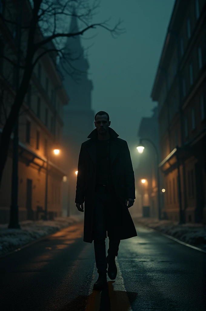 A man in the middle of the night walking 
