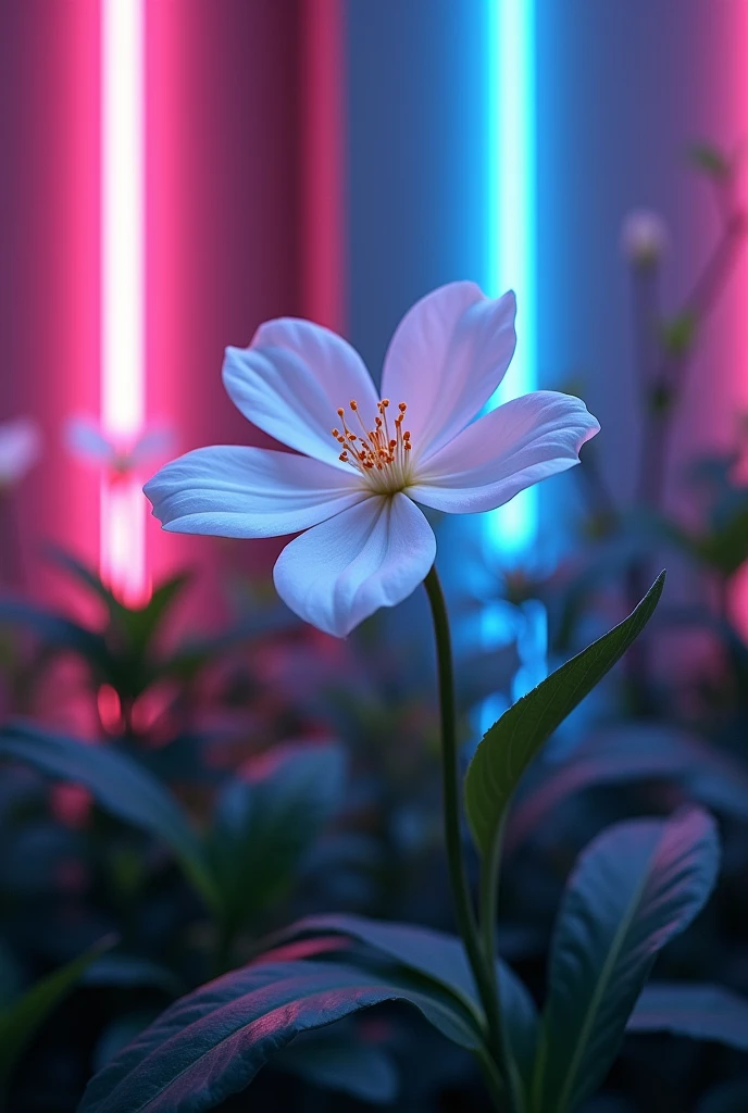 the white flower bloomed in the garden in the evening and Pink and blue neon light