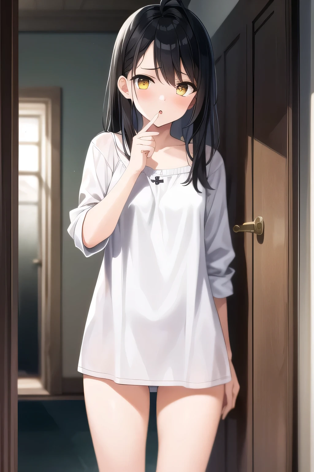 (masterpiece:1.2, Best quality:1.1, a high resolution,absurdity, high quality),(photorealistic:1.1),Reflected light, colorful,ultra detailed, ultra HD, super detailed,
Yotsuya Miko, open door, Sleepwear,  dirty hair, black hair, yellow eyes,( open door):1.4, house,  (sleepy), corridor, antenna hair, cowboy shot, 1 girl, just concentrate, 
 