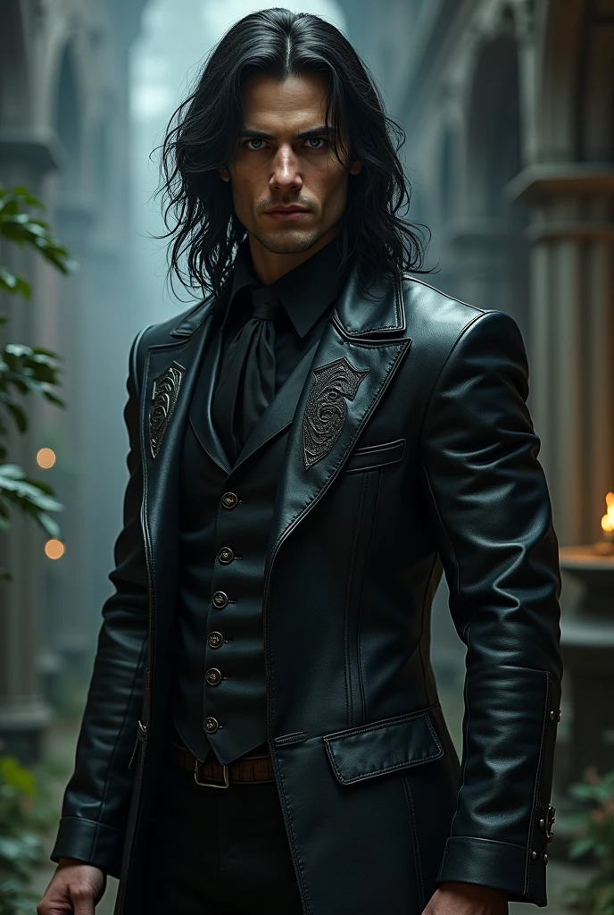 That certainly helps! So your character is a Sorcerer of dark Magic, who lives in a Victorian style world and is 20 years old. He's a tall, athletic person and has pale grey eyes and long black wavy hair. He also wears a leather suit of some kind. He's extremely hot and eye-catching 