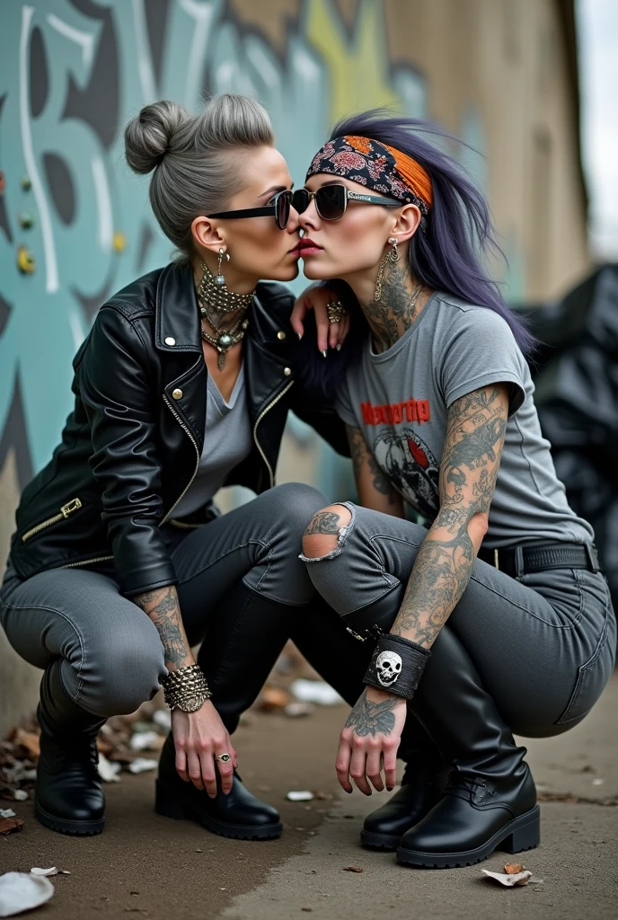 Two russian milf women,  one with the arm over the shoulder of the other (who feels a bit dizzy). grey hair (one: bouffant, top bun. The other, straight and middle part}and one wearing oversized square sunglasses and wide  colourful bandana as headband), with very light green eyes, extremely pale. Big lips. No tan. Wearing aged black moto jacket (zippers on the side, skull and bones pins).  Both: different old worn grey t-shirt with rock band logo. Both:,  dark grey worn jeans {with holes on knees) tucked in black leather knee high boots. . Lots of thick wide studded bracelets, chain collars and big rings. Both, high boots. Tacky wide studded leather belt with big skull and bones oval buckle. Long earrings with chains and feathers. Squatting with hands on knees or lap, stretching her neck, craving., Neck, ?????, stomach and wrists heavily tattoed. Toned abdominals, thin neck, slim legs and thin arms. Narrow ???? and slim legs.  Black leather studded tote bags. Graffitied wall behind, waste on the groun and piled garbage bags around.