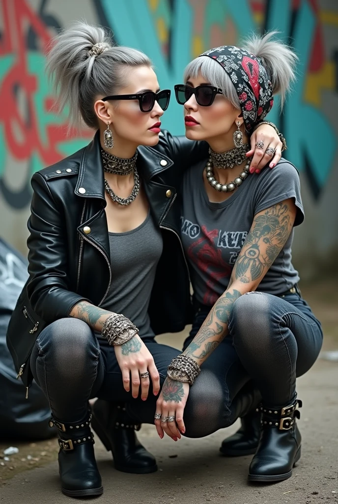 Two russian milf women, one with the arm over the shoulder of the other (who feels a bit dizzy). grey hair (one: bouffant, top bun. The other, straight and middle part}and one wearing oversized square sunglasses and wide colourful bandana as headband), with very light green eyes, extremely pale. Big lips. No tan. Wearing aged black moto jacket (zippers on the side, skull and bones pins). Both: different old worn grey t-shirt with rock band logo. Both:, dark grey worn jeans {with holes on knees) tucked in black leather knee high boots. . Lots of thick wide studded bracelets, chain collars and big rings. Both, high boots. Tacky wide studded leather belt with big skull and bones oval buckle. Long earrings with chains and feathers. Squatting with hands on knees or lap, stretching her neck, craving., Neck, chest, stomach and wrists heavily tattoed. Toned abdominals, thin neck, slim legs and thin arms. Narrow hips and slim legs. Black leather studded tote bags. Graffitied wall behind, waste on the groun and piled garbage bags around.