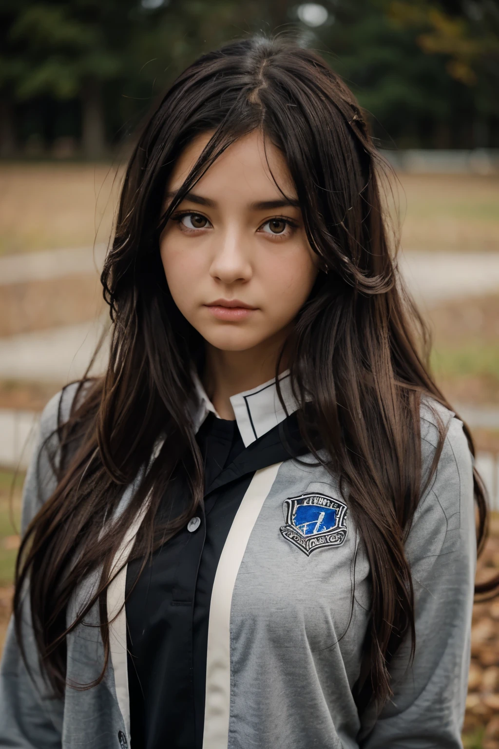 Anime girl with black hair and honey colored eyes, with long wavy hair, serious look with the UA uniform and a gray landscape