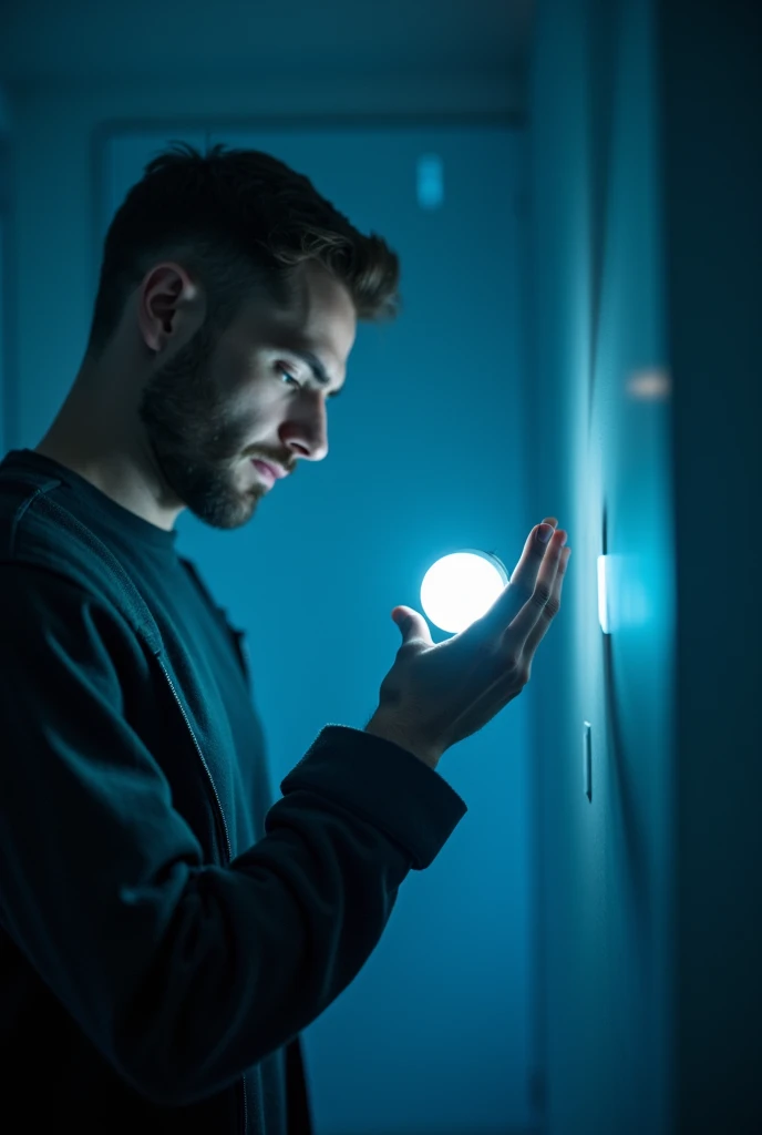 A close-up of John’s hand reaching out towards the glowing device. The light from the device casts a bluish glow on his hand, highlighting his hesitation and the moment of suspense before he makes contact.