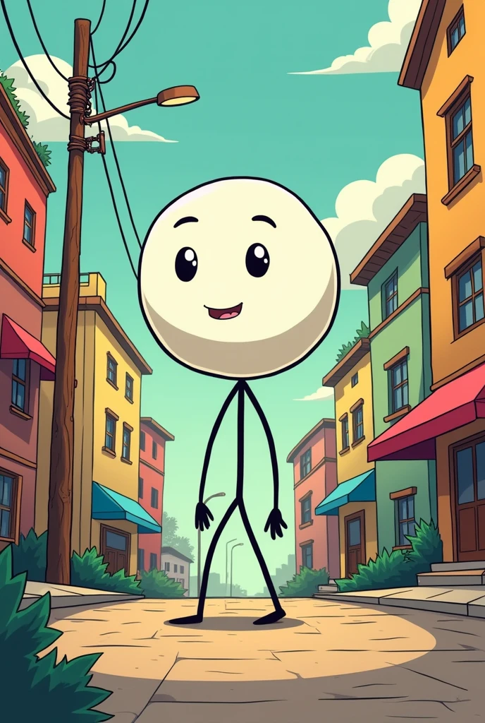 creer un stickman style cartoon bande dessiné homme.Crée un personnage stickman avec une tête ronde blanche, des yeux simples en forme de points noirs, des sourcils épais noirs, et une bouche représentée par un trait droit.