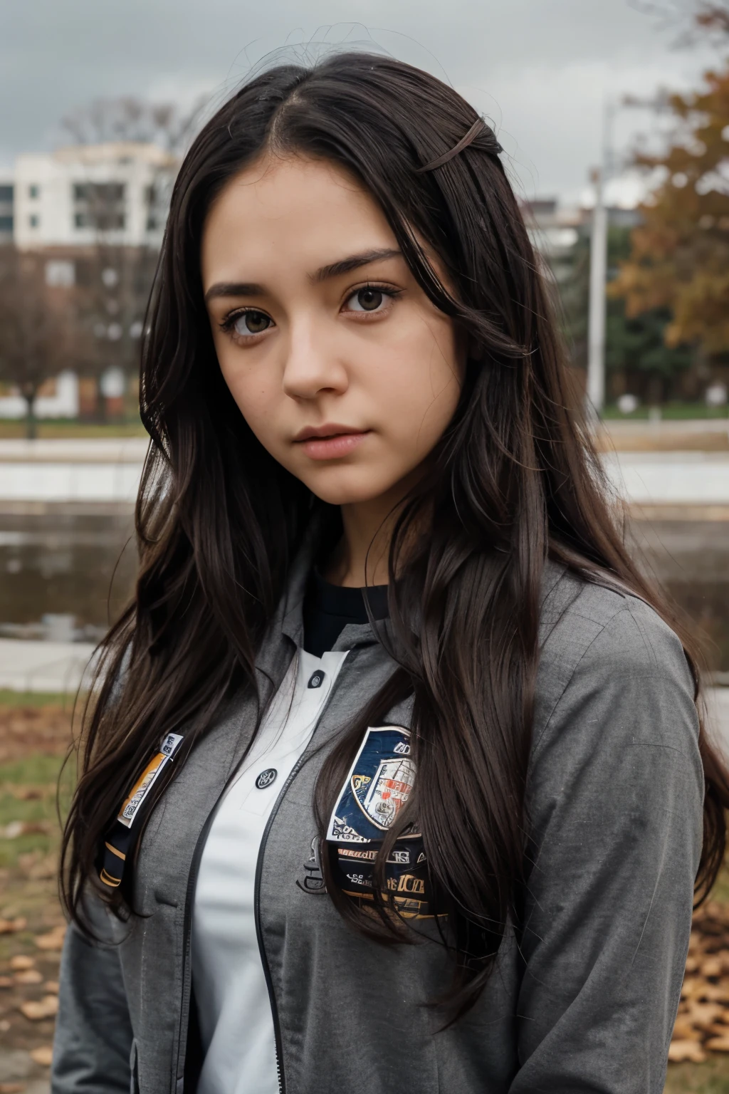 Anime girl with black hair and honey colored eyes, with long wavy hair, serious look with the UA uniform and a gray landscape 