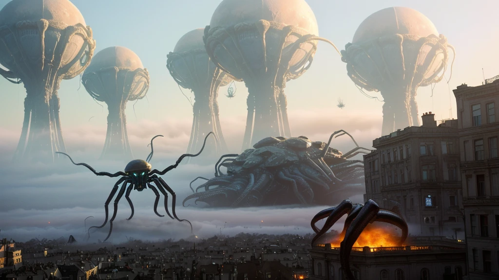 huge alien spider attacking the earth, everything is covered with fog, scary alien paws and tentacles are visible, alien in the air above the city, aliens taking over the earth, stills from the movie aliens, inhabited by aliens and humans, creature 5 meters high, amazing photo, war of the worlds, huge creature, monster, scary creatures in the background, 