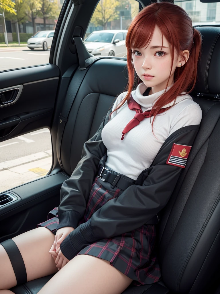 ultra realism,Realistic anatomy,1 girl, small breasts,blushing, bang, Red hair,pensive,наушники airpods max,sits in lotus position in the back seat of a car,school uniform,Mittens,striped gaiters
