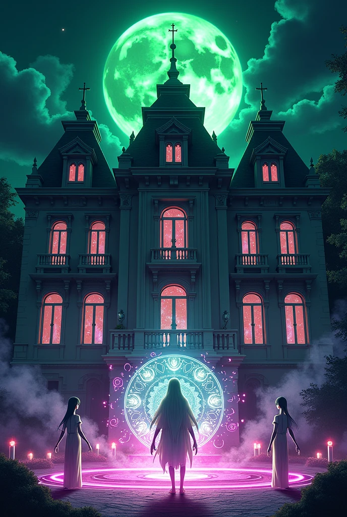 Anime people outside mansion riting ABSTRACT in color green at night green moon. ABSTRACT is written on the building