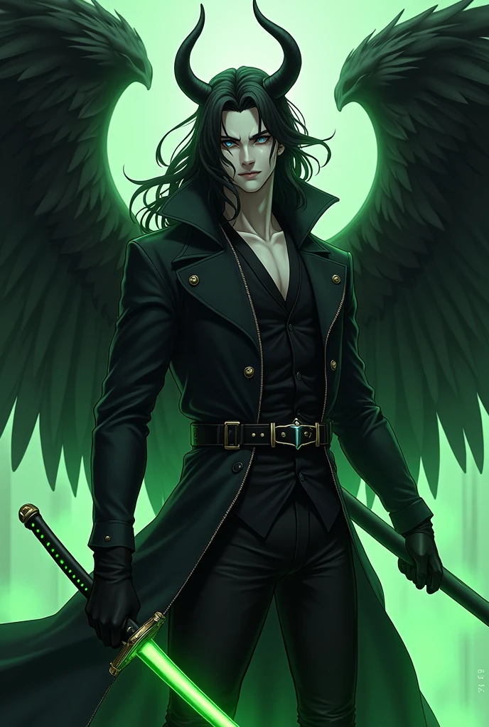 masterpiece, best quality, ultra high res, beatiful, stunning, elegant, incredible details, detailed, aura, flying feathers, (bright green theme:1.1), perfect drawn face, cinematic lighting, ultra-high quality, 8k, full body, man, long flowing black hair, handsome and delicate face, pale white skin, Black overcoat, no shirt, abs, green details, black pants, looking at viewer, posing, holding sword, dnd, cifer ulquiorra, armed with a glowing green katana, Black gloves, black high boots, (big angelical black wings:1.2), (black horned crown:1.2), Simple background, solo, grin, evil looking, dark souls, menacing, (anime style:1.2)