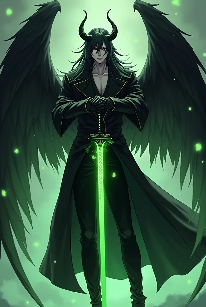 masterpiece, best quality, ultra high res, beatiful, stunning, elegant, incredible details, detailed, aura, flying feathers, (bright green theme:1.1), perfect drawn face, cinematic lighting, ultra-high quality, 8k, full body, man, long flowing black hair, handsome and delicate face, pale white skin, Black overcoat, no shirt, abs, green details, black pants, looking at viewer, posing, holding sword, dnd, cifer ulquiorra, armed with a glowing green katana, Black gloves, black high boots, (big angelical black wings:1.2), (black horned crown:1.2), Simple background, solo, grin, evil looking, dark souls, menacing, (anime style:1.2)