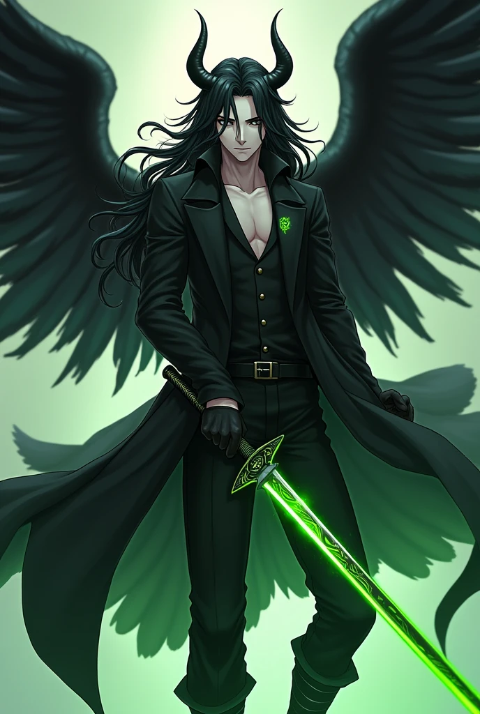 masterpiece, best quality, ultra high res, beatiful, stunning, elegant, incredible details, detailed, aura, flying feathers, (bright green theme:1.1), perfect drawn face, cinematic lighting, ultra-high quality, 8k, full body, man, long flowing black hair, handsome and delicate face, pale white skin, Black overcoat, no shirt, abs, green details, black pants, looking at viewer, posing, holding sword, dnd, cifer ulquiorra, armed with a glowing green katana, Black gloves, black high boots, (big angelical black wings:1.2), (black horned crown:1.2), Simple background, solo, grin, evil looking, dark souls, menacing, (anime style:1.2)