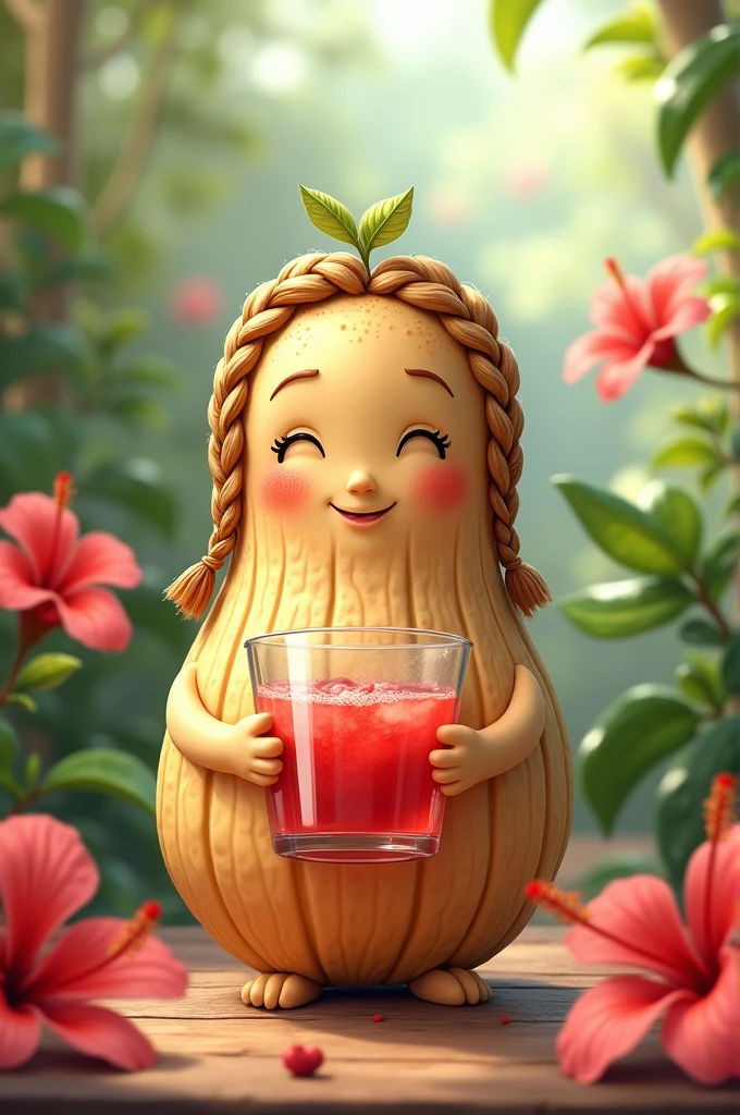 Peanut with braids drinking hibiscus water