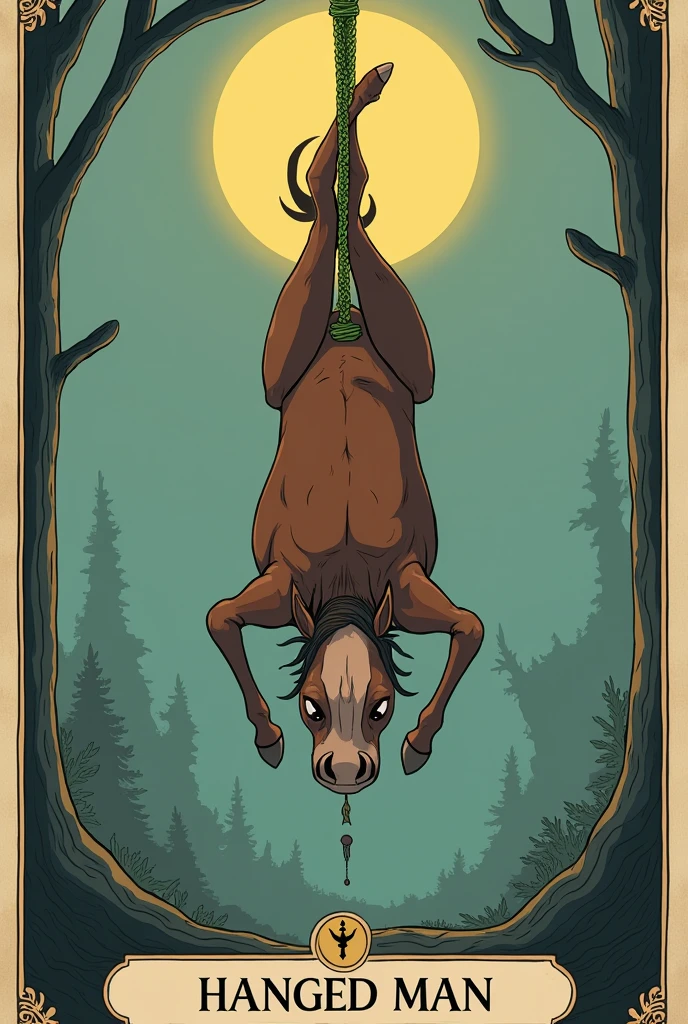 Create the tarot card for "The Hanged Man." Bojack Horseman should be depicted hanging. All of this in the same animation style as Bojack Horseman, the series.
