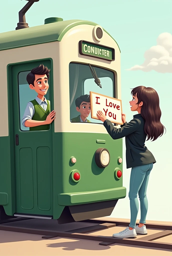 An image where a green and white train appears without a design and inside there is a driver with a green vest and a light blue shirt (greeting) y afuera esté una chica con cabello oscuro y largo greeting al conductor con jean celeste, White shoes, and black jacket, and the girl has a sign that says I love you showing it to the driver. like a cartoon