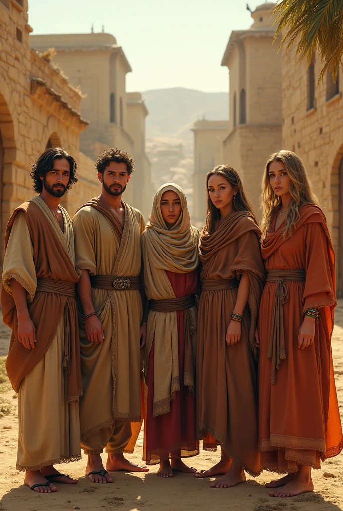Generate realistic images of two young adult and elderly male couples. ALONG WITH THREE WOMEN in coarse tunics in the city of Moab that are based on the story of Ruth all the characters must be good looking. All in one image