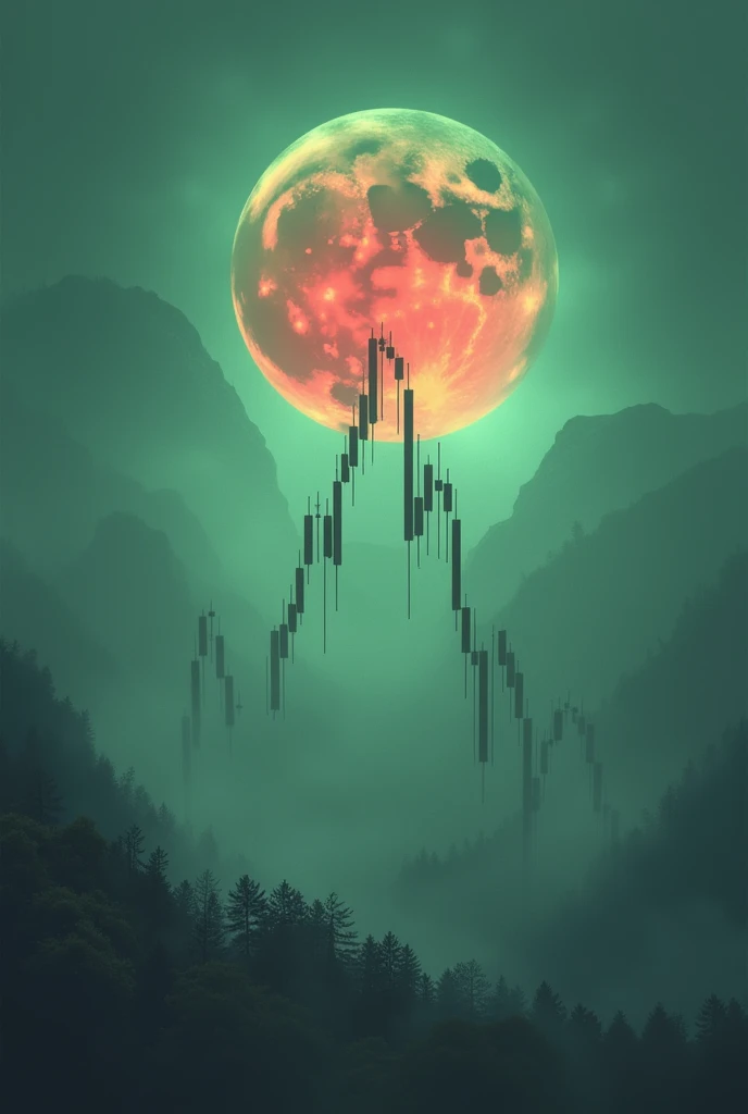 Gray candlestick charts with a haze, a green and red moon with the word YOU TRADER