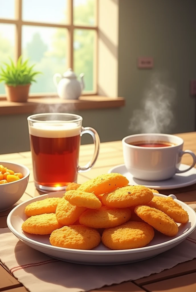 A fried yuca breakfast, boiled eggs, tea with milk and cheese.