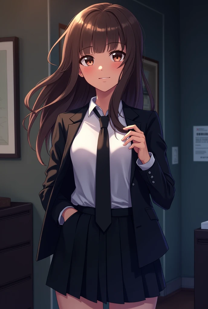 Create the following image: The image shows a young woman with long brown hair, hazel eyes and dark brown skin. She is standing next to a table with one hand resting on her waist and has a small smile on her face.. Wear a white long-sleeved blouse, a black tie, a black jacket and a black pleated skirt. The background is a dark office. anime style