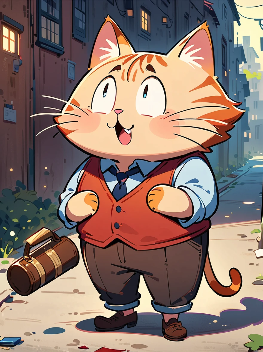 2d a tall adult male cat teacher, middle aged, 50 years old, dressed as a teacher in a vest, 2d cartoon style, full body, solo, whimsical, masterpiece, 8k, cinematic lighting, award winning digital art
