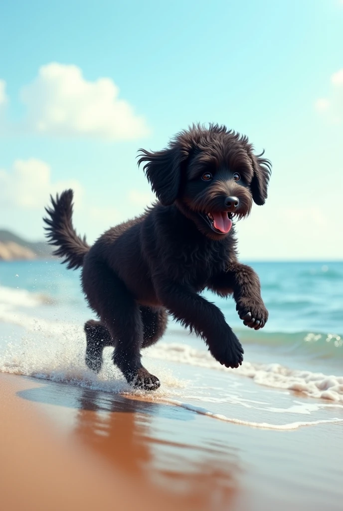 Labradoodle in black on the beach without rent