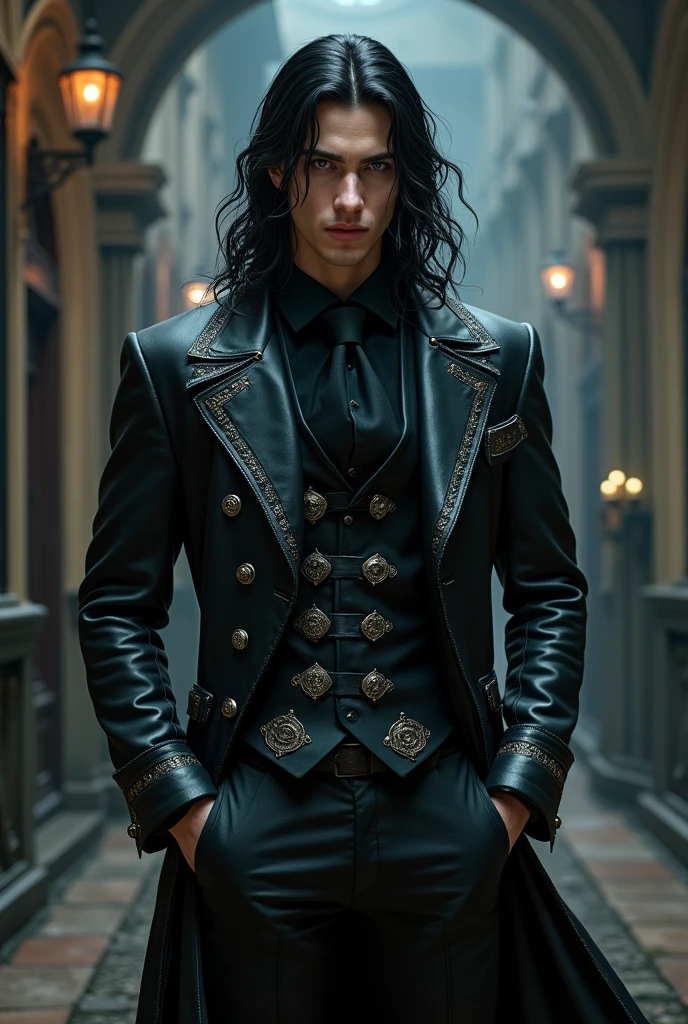 That certainly helps! So your character is a Sorcerer of dark Magic, who lives in a Victorian style world and is 20 years old. He's a tall, athletic person and has pale grey eyes and long black wavy hair. He also wears a leather suit of some kind. He's extremely hot and eye-catching