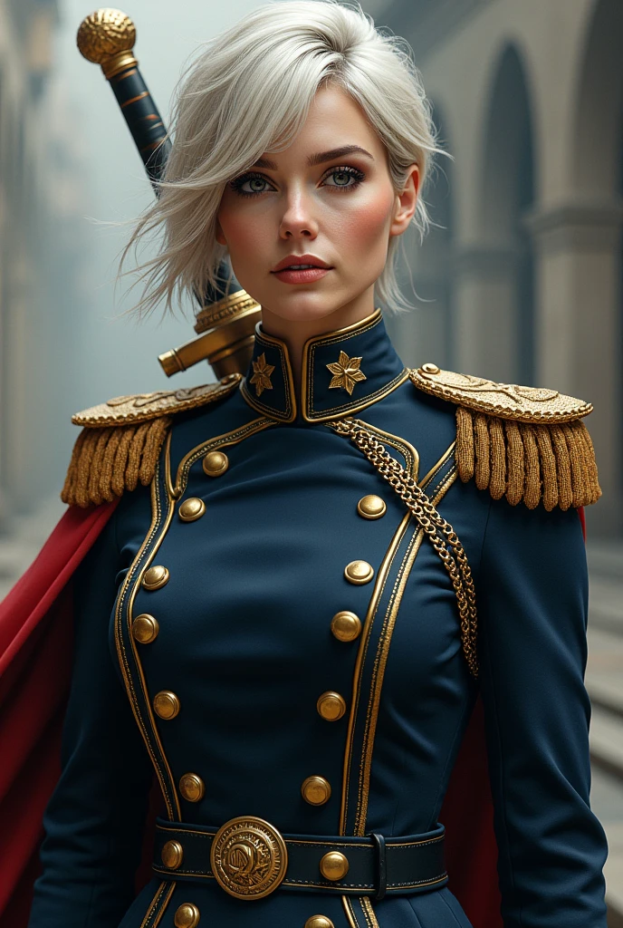 A 40-year-old female character with a commanding presence. She has short, platinum blonde hair styled in a slightly tousled, side-swept manner. Her attire is that of a high-ranking military officer, featuring a dark blue coat adorned with intricate gold details, including epaulets, buttons, and a chain. She carries a sword with an ornate hilt, indicative of her expertise in swordsmanship. The character exudes confidence and authority, with a background as a superior officer and experienced mento