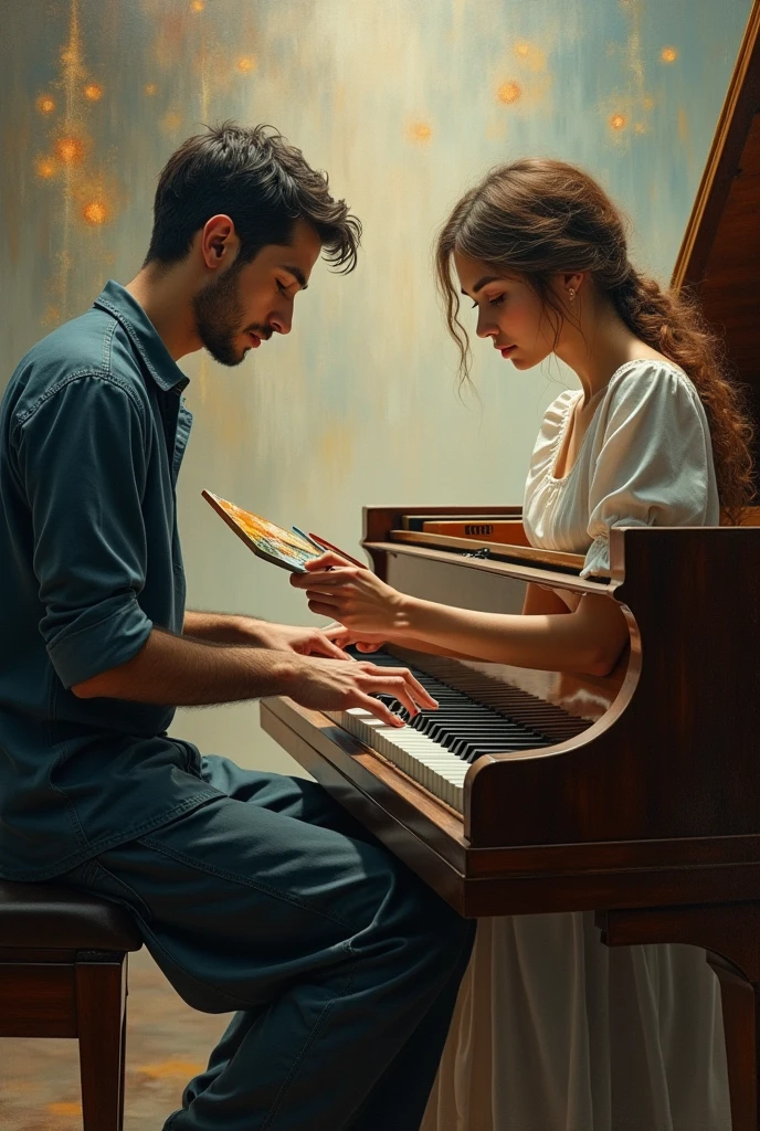 create me , i want you to create 2 person's , one is making music in piano and the other one is painting by hearing the music , it must give you vibe , that anyone can relate to that painting , and anyone will by it, i wont to be like its done by davinci and michelangelo the masters of painting , i want it to look like is presenting the future but we are stuck in the past , the painting needs to be understood by the viewer , i dont want it too colourful and not that mush dead by colours , do the best that you can , i want you to make every detail impossible even the little detail
